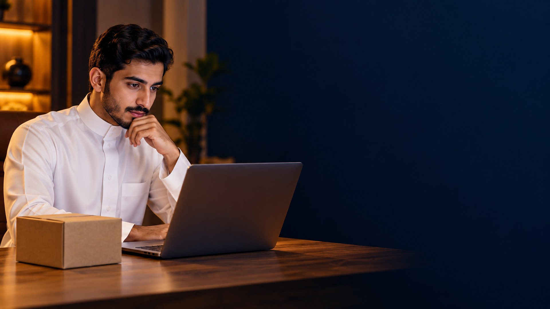 شاب سعودي يتأمل لابتوبه وبجانبه صندوق شحن صغير في مكتب البيت