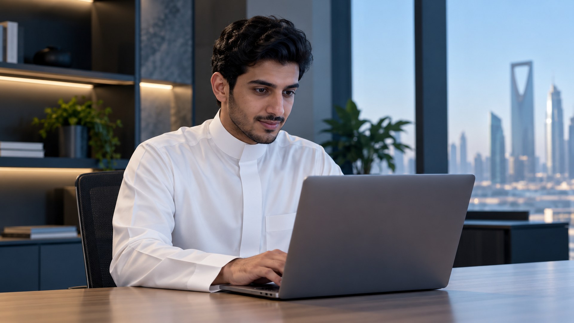 موظف سعودي شاب يتعلم أداة رقمية جديدة على اللابتوب