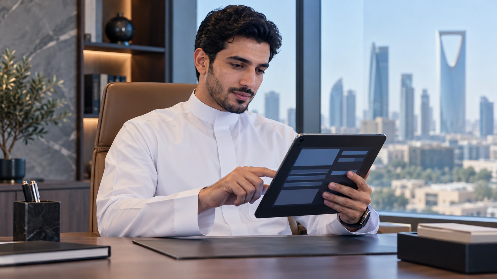 موظف سعودي شاب يراجع خطة تدريب منظمة على جهاز لوحي