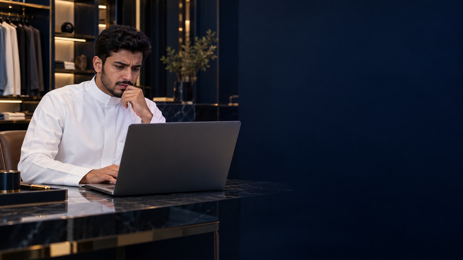 صاحب محل سعودي شاب وحيد في بوتيكه الأنيق الفارغ في الرياض محتاراً أمام لابتوبه