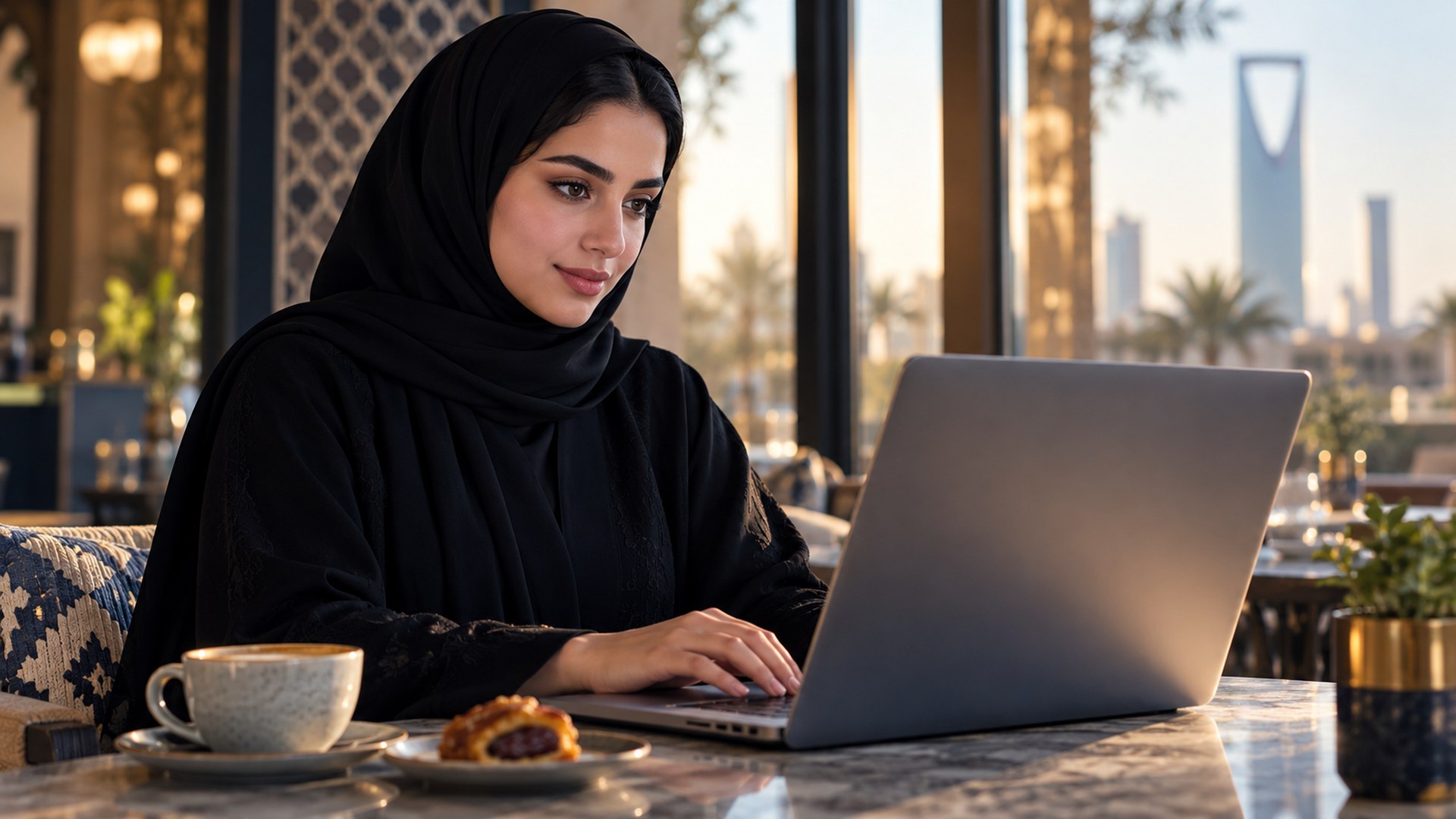 شابة سعودية بعباءة سوداء تكتب سؤالاً في محرك البحث على لابتوبها في مقهى