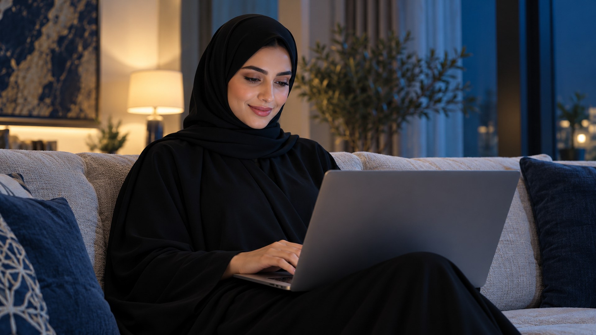 شابة سعودية تتصفح متجراً إلكترونياً على لابتوبها في البيت بارتياح