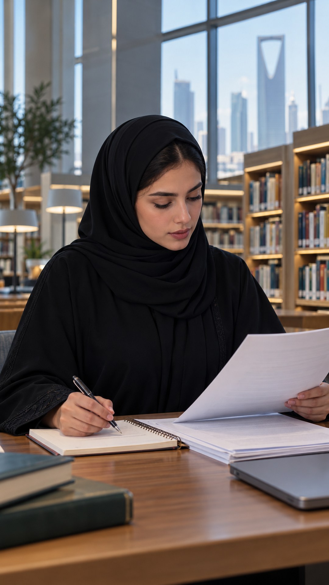 شابة سعودية بالحجاب تطابق تقريراً مطبوعاً مع ملاحظاتها على طاولة مكتبة