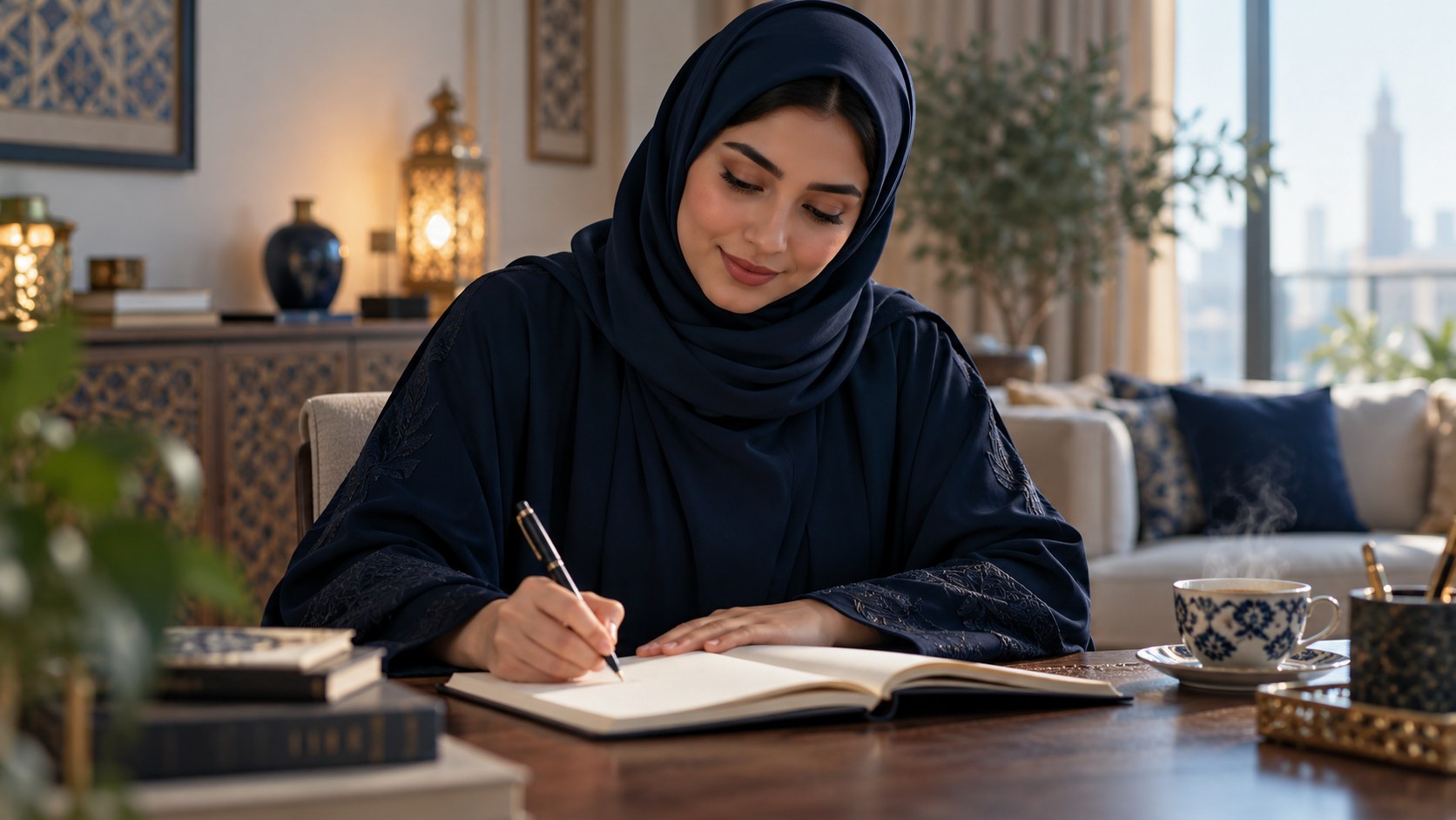 شابة سعودية تكتب دفتر نصائح لعملائها وبجانبها كوب شاي دافئ