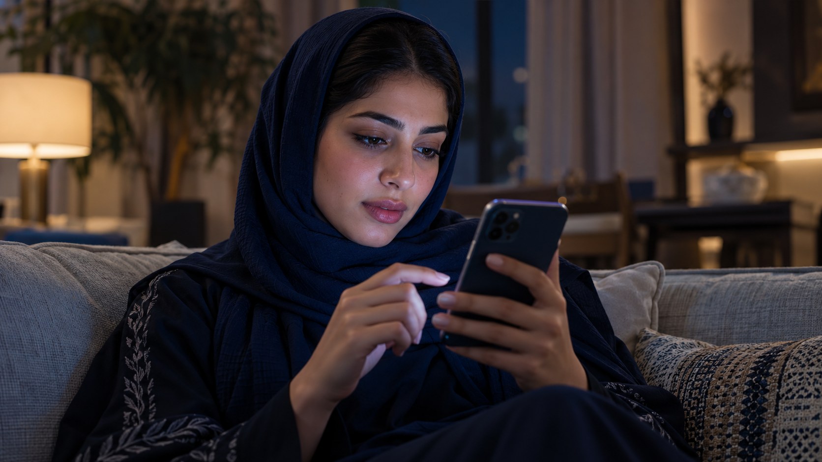 شابة سعودية على الكنب تتصفح جوالها وإبهامها جاهز للضغط