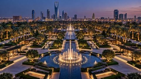 حدائق واسعة وممرات ونوافير وجلسات في الرياض مساءً، من الأعلى
