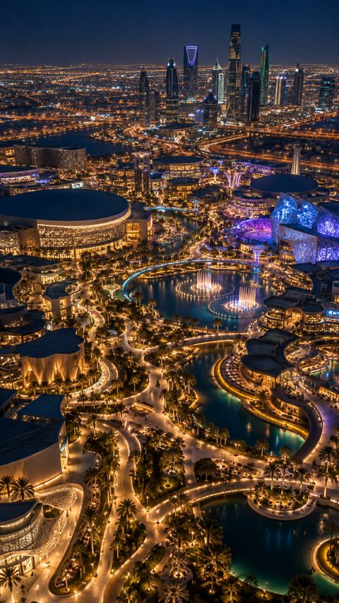 منطقة ترفيه واسعة في الرياض ليلاً بممرات وأضواء متوهجة، من الأعلى