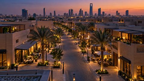 شارع حي في الرياض بمحلات صغيرة ومقاهٍ وقت الغروب، من الأعلى