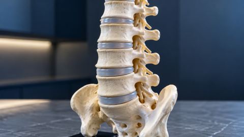 مجسم تشريحي للفقرات القطنية يوضح الأقراص بين الفقرات على مكتب العيادة