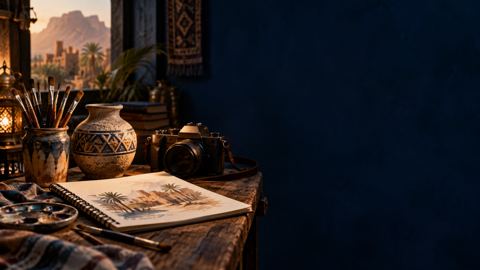 طاولة فنان عليها فرش وكاميرا وكراسة رسم وقطعة خزف بضوء دافئ
