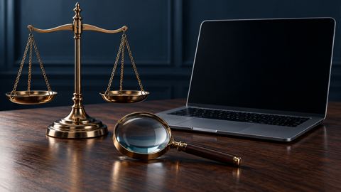 ميزان وعدسة مكبرة ولابتوب على مكتب مستشار