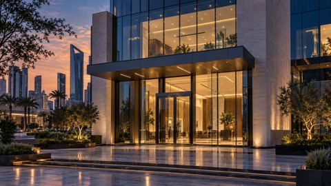 مدخل فرع بنك بتصميم حديث في الرياض وقت الغروب