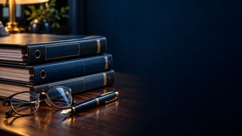 ملفات مرتبة وقلم حبر ونظارة قراءة على مكتب خشبي