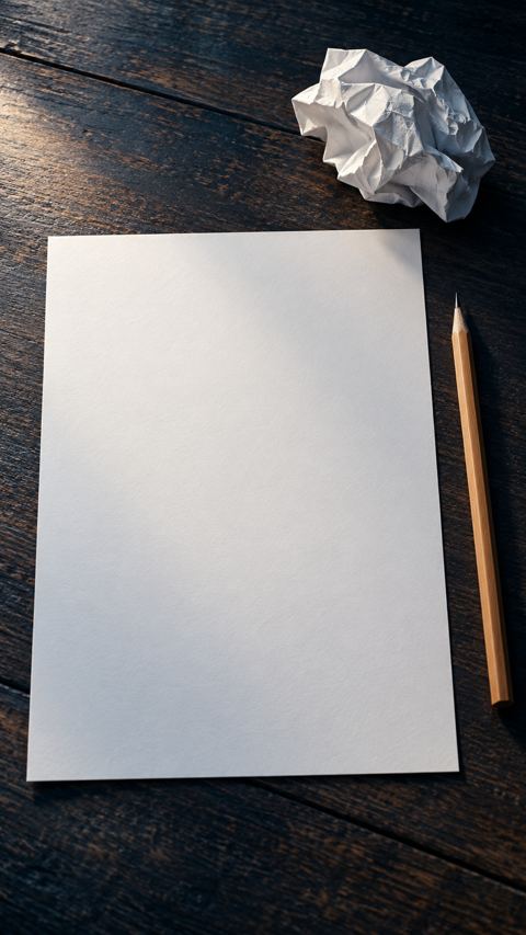 ورقة بيضاء وقلم رصاص وبجانبهما مسودة مجعّدة