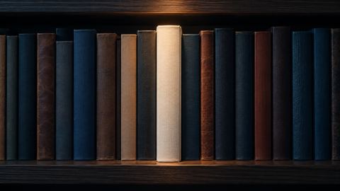 رف كتب مرتب يبرز منه كتاب واحد تحت ضوء ناعم
