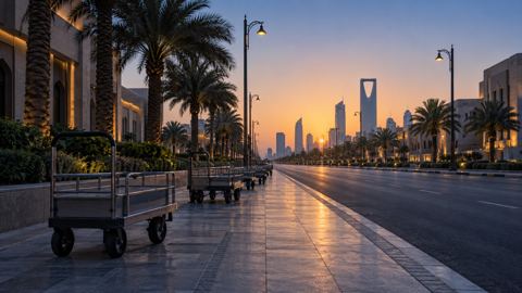 شارع واسع عند الفجر وأنواره تنطفئ وعربات العمال متوقفة