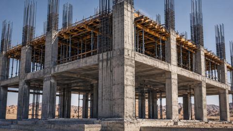 هيكل مبنى يرتفع من الأرض بخرسانة وحديد جديدين