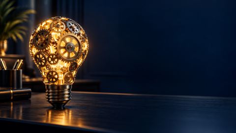 مصباح مصنوع من تروس مضيئة على مكتب كحلي