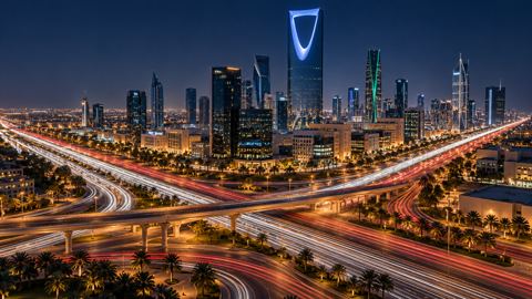 تقاطع مزدحم في الرياض ليلاً بخطوط ضوء السيارات
