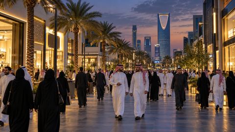 شارع تسوق مزدحم في الرياض بواجهات محلات كثيرة والناس في كل اتجاه