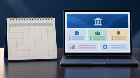 تقويم بجانب لابتوب يعرض بوابة السجل التجاري الموحد
