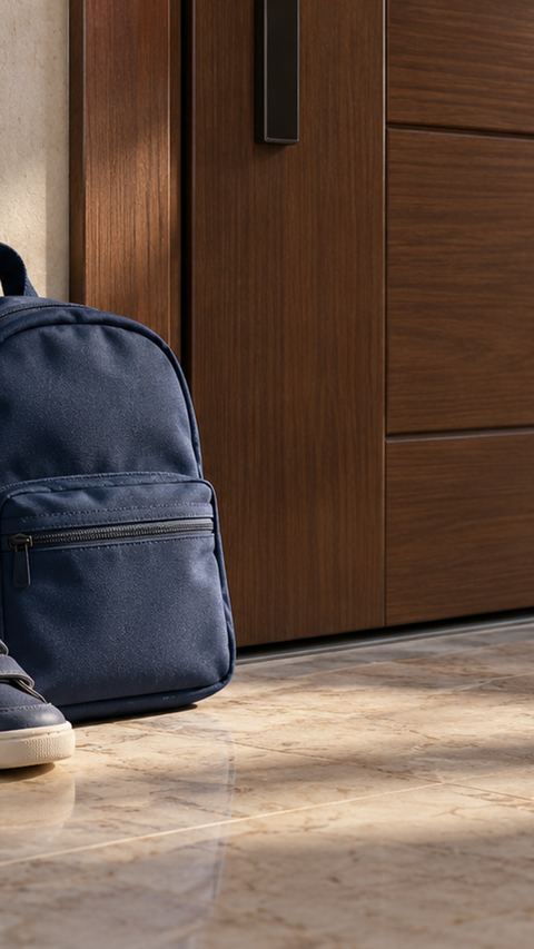 طفل، حقيبة ظهر، باب، صباح