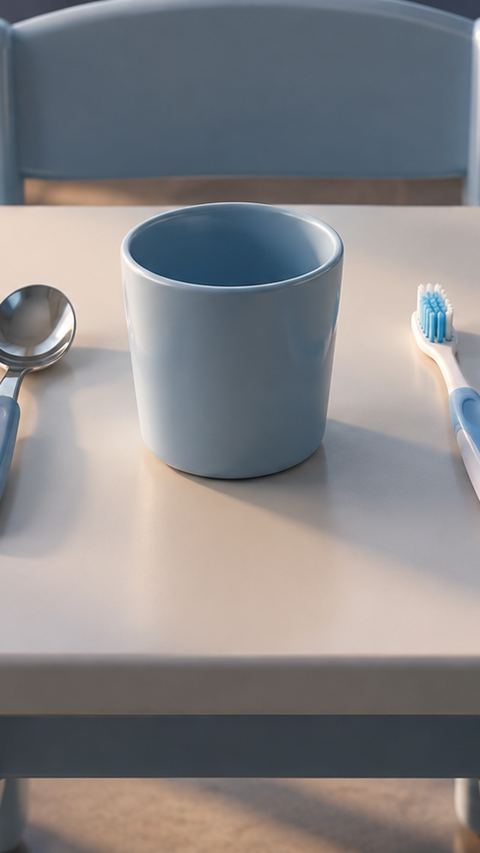 فرشاة أسنان، طفل، طاولة، كوب