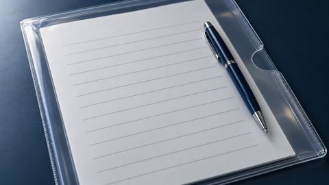 ملف بلاستيكي شفاف فيه قائمة قصيرة وقلم