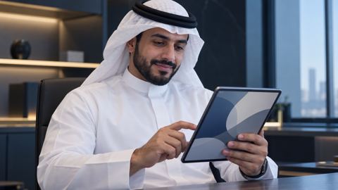 عميل يراجع نموذج خدمة بسيطاً على جهاز لوحي ويومئ موافقاً