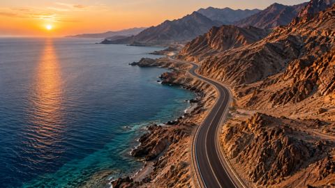 طريق ساحلي بين البحر الأحمر والجبال وقت الشروق، من الأعلى