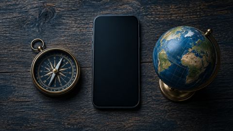 بوصلة وجوال وكرة أرضية صغيرة على مكتب، من الأعلى