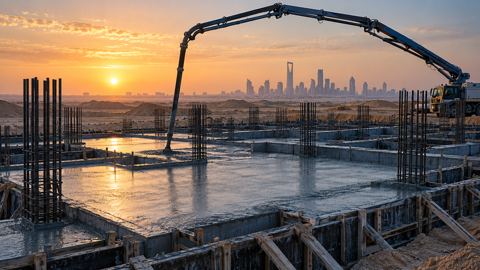 صب الأساسات الخرسانية لمبنى جديد وقت الشروق في موقع بالرياض