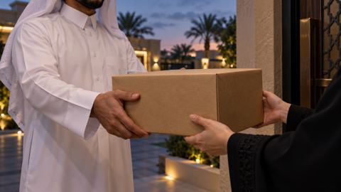 مندوب توصيل يسلّم طرداً لعميل عند باب فيلا وقت الغروب
