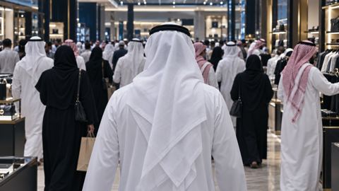 محل مزدحم بالناس لكن أكياس الشراء قليلة، من الخلف