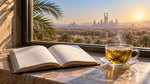 كوب شاي أعشاب يتصاعد بخاره بجانب دفتر مفتوح على حافة نافذة مشمسة