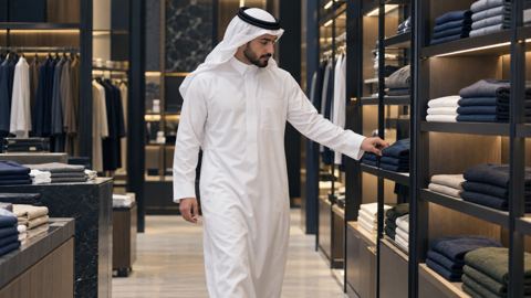 زبون يتجول في محل ملابس بالرياض ويتأمل المعروضات