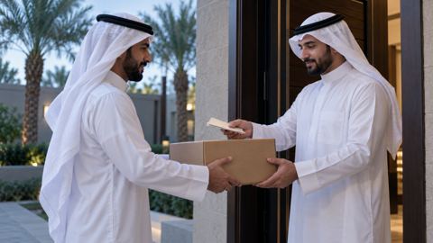 مندوب توصيل يسلّم طرداً لعميل سعودي عند باب بيته ويستلم المبلغ نقداً