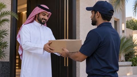 مندوب توصيل يسلّم طرداً مغلفاً بعناية لرجل سعودي عند باب بيته