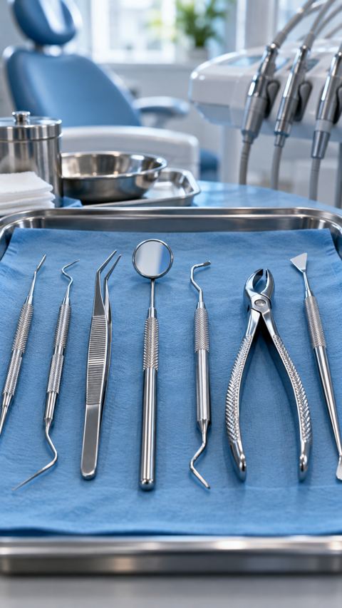 أدوات أسنان مرتبة على قماش أزرق معقم في عيادة حديثة
