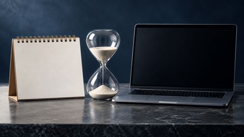 تقويم مكتبي وساعة رملية بجانب لابتوب