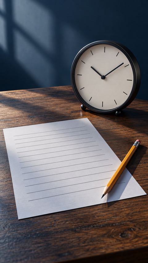 ورقة اختبار وقلم رصاص بجانب ساعة على مكتب