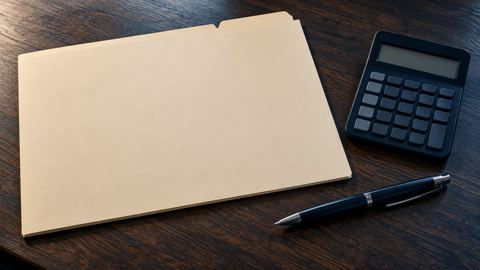 ملف وآلة حاسبة وقلم على مكتب
