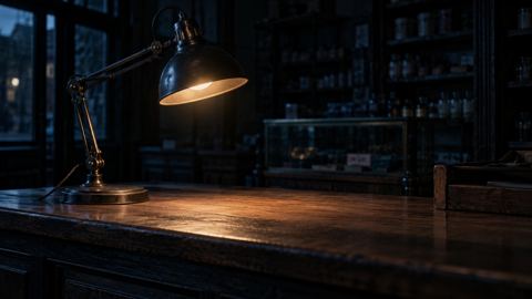 مصباح مكتب ينطفئ فوق طاولة محل فارغة ليلاً