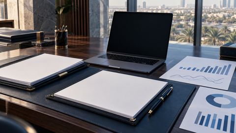 مكتب مرتب عليه عقود ورسوم مالية ولابتوب في مكتب سعودي