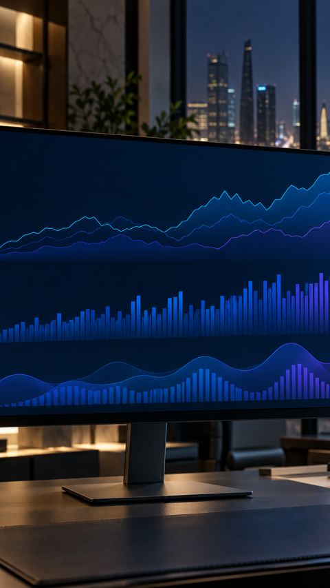 شاشة تعرض رسوم تحليلات تقنية لموقع في مكتب سعودي أنيق بألوان داكنة