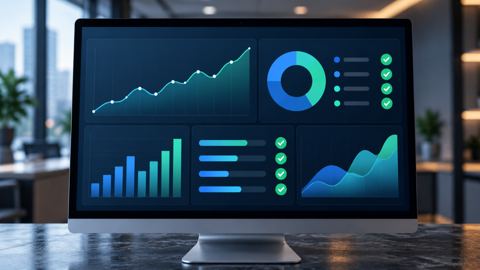 لوحة تحليلات رقمية على الشاشة برسوم واضحة وعلامات صح خضراء