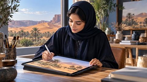فنان رقمي يرسم منظراً طبيعياً بالقلم على جهاز لوحي في استوديو مضيء