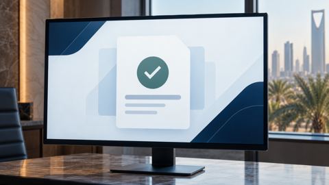 صفحة التحقق من شهادة رقمية على شاشة كمبيوتر في مكتب سعودي هادئ