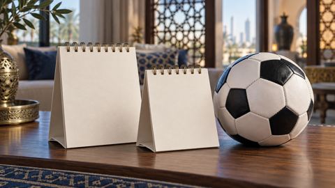 بطاقتا تقويم بجانب كرة قدم على مكتب في بيت سعودي