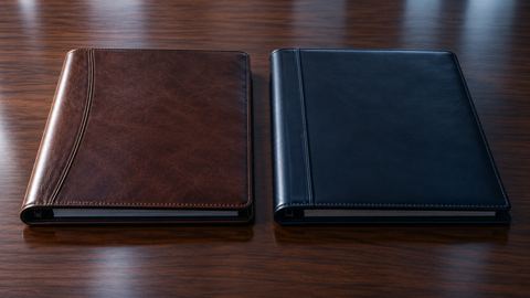 ملفا عمل مختلفان متجاوران على طاولة اجتماعات خشبية نظيفة
